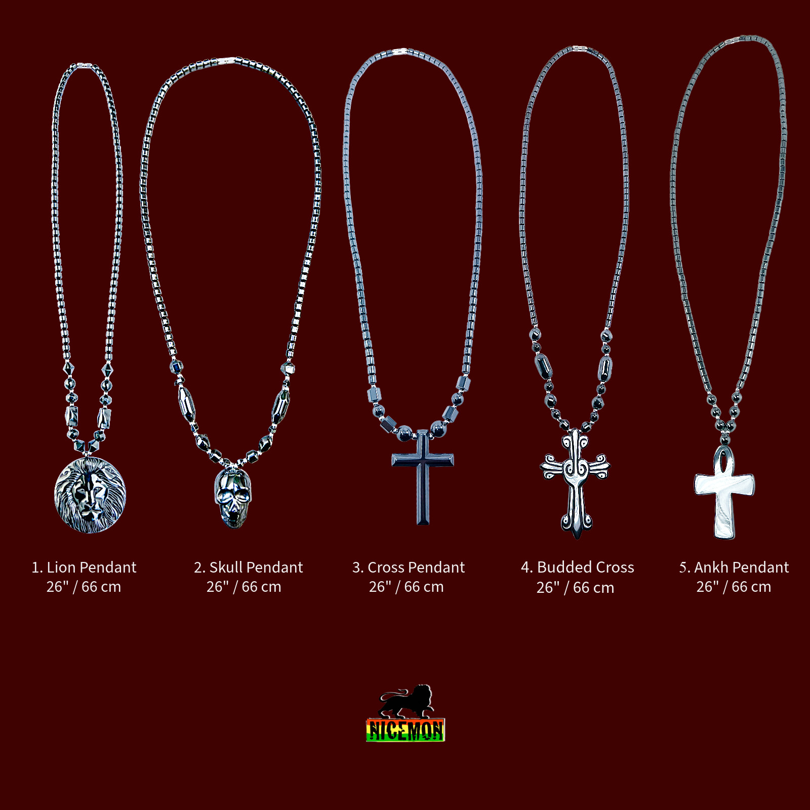 Hematite Necklace Lion Pendant Jah Love Rasta Africa Reggae Rasta 26″ 4mm