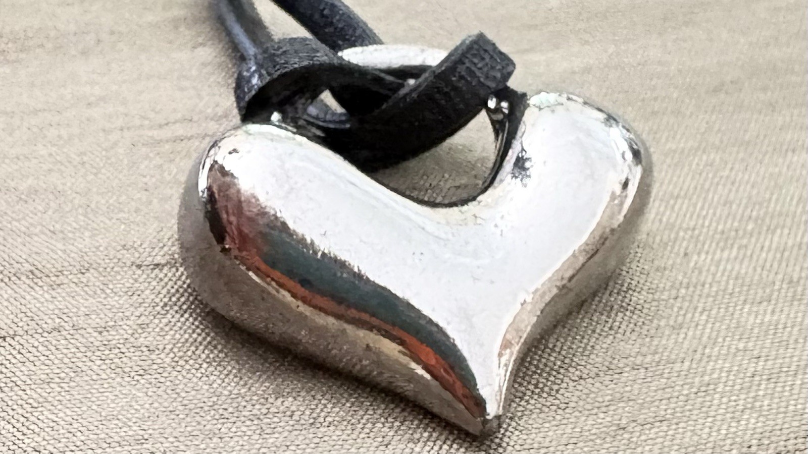 Large Sculptural Heart Pendant Necklace Silver Tone Black Leather Cord Modern