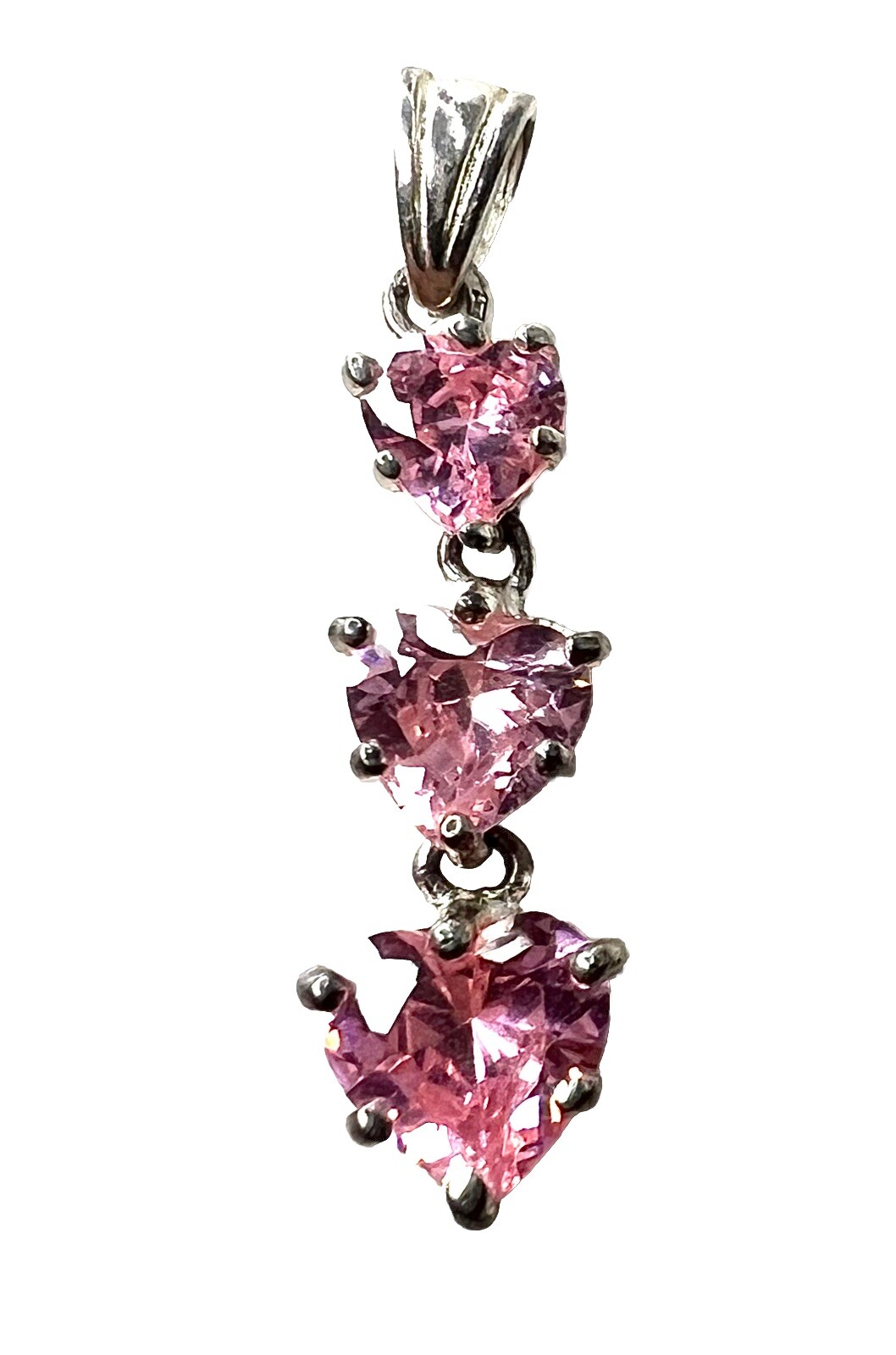 3 Pink Crystal Hearts Dangle Pendant Silver Tone 1 1/8”L