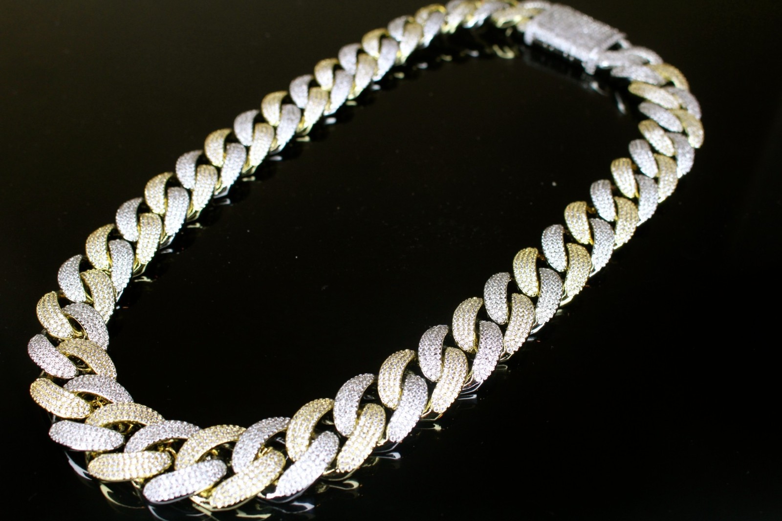 14k STAMPED 20mm Cuban Prong Chain Necklace 2-TONE 82ct VVS1 Lab Sim Diamonds