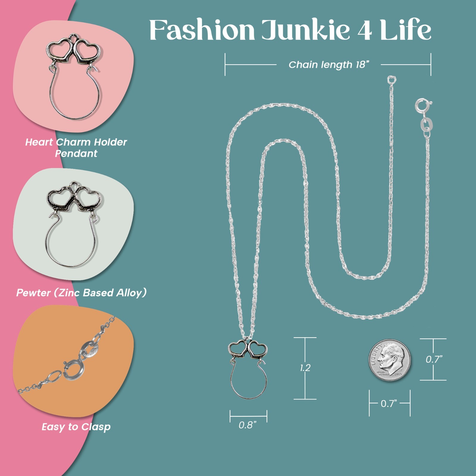 FashionJunkie4Life Pewter Double Heart Charm Holder Pendant Necklace