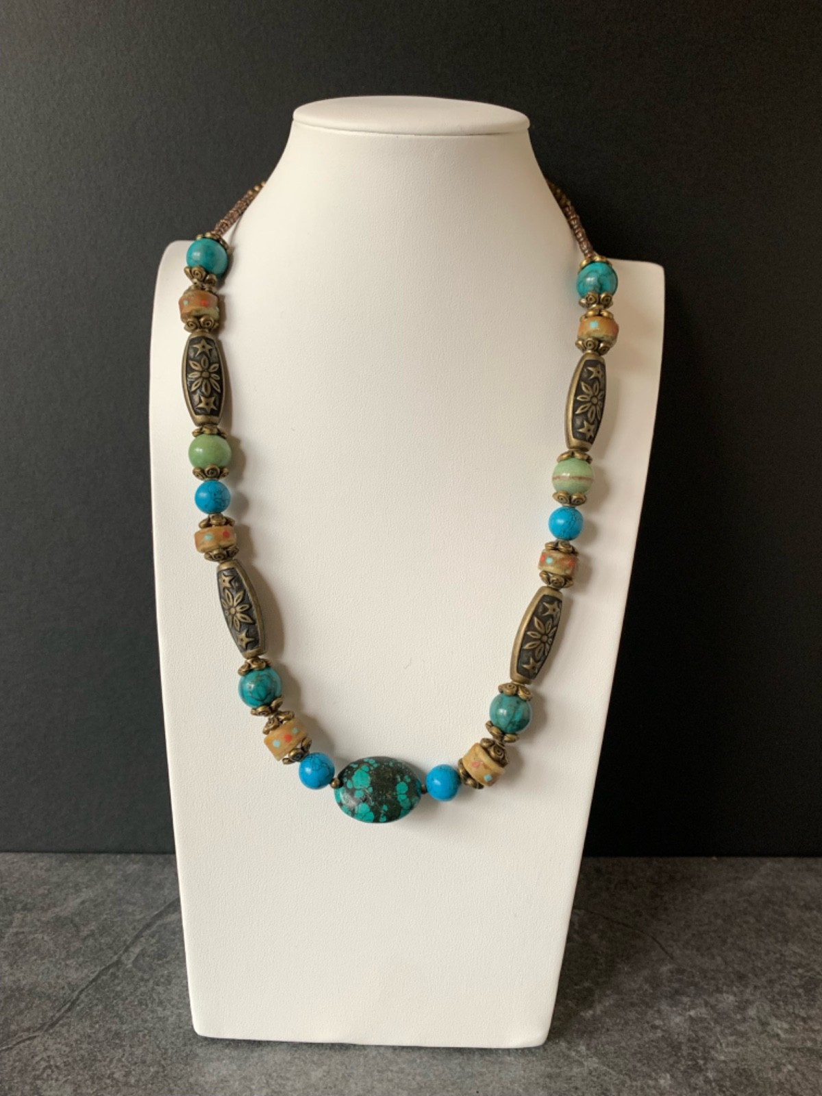 Turquoise Focal Bead, Jade beads, Yak bone inlaid, brass beads lNecklace11