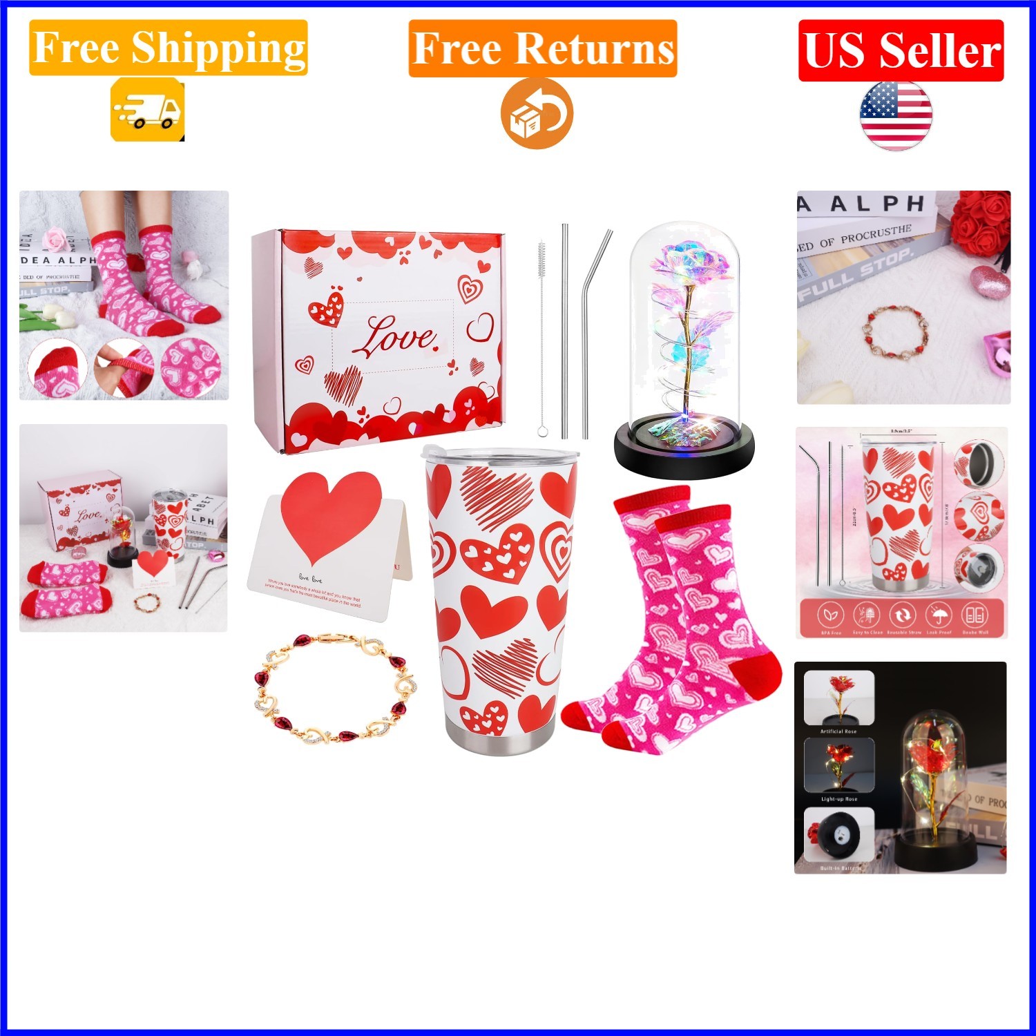 Valentine’s Day Gift Set for Her – 8 pcs Insulated Tumbler, Rose, Socks, Brac…