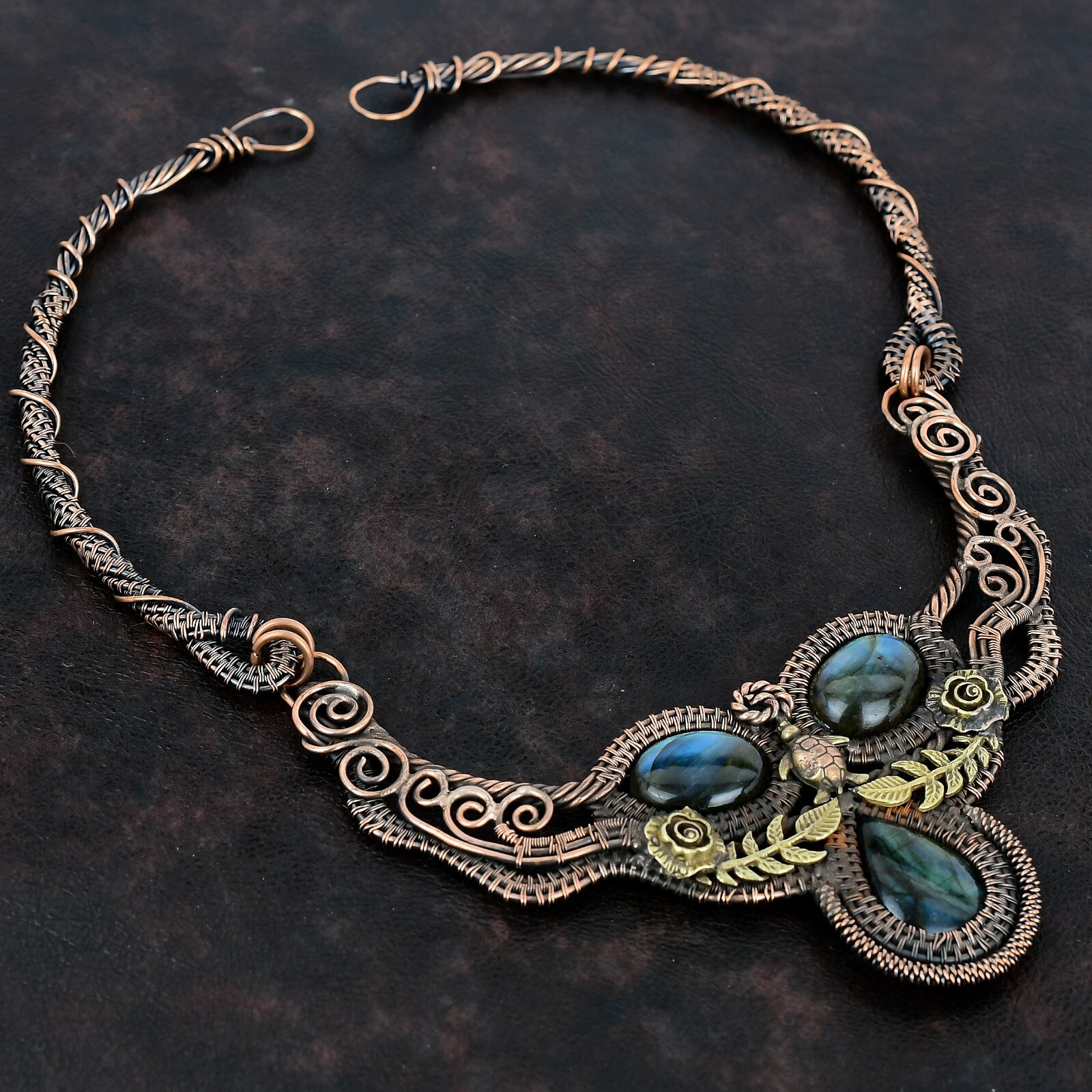 Labradorite Copper Mother Gift Wire Wrapped Tortoise Chain Necklace 18.0″