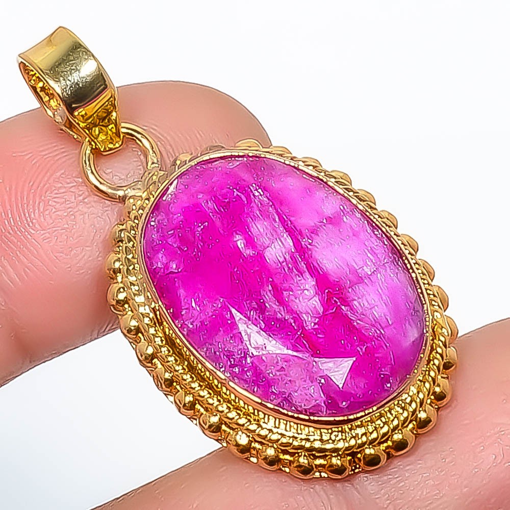 Ruby (Lab-Created) Gemstone 925 Silver Gold Plated Pendant 1.56″ P7622-236