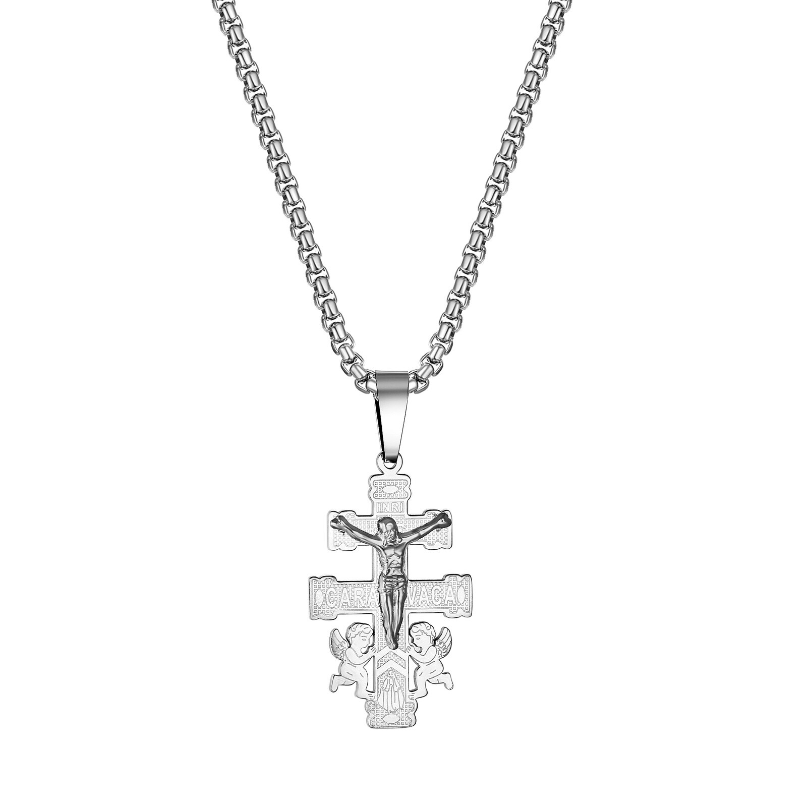 Mens Boys Stainless Steel Caravaca Double Cross Angels Crucifix Pendant Necklace