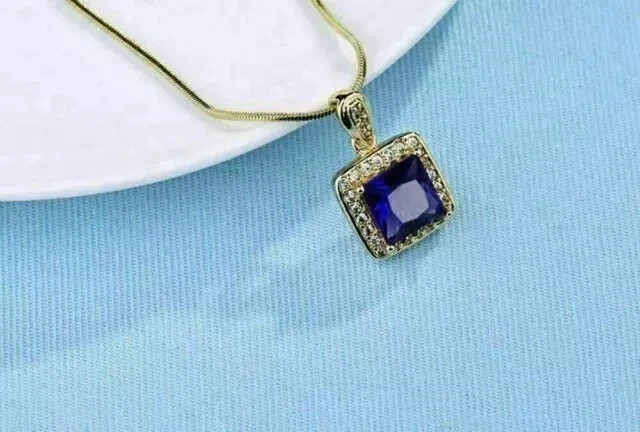 2Ct Princess Cut Lab-Created BlueSapphire Women’s Pendant 14K Yellow Gold Plated