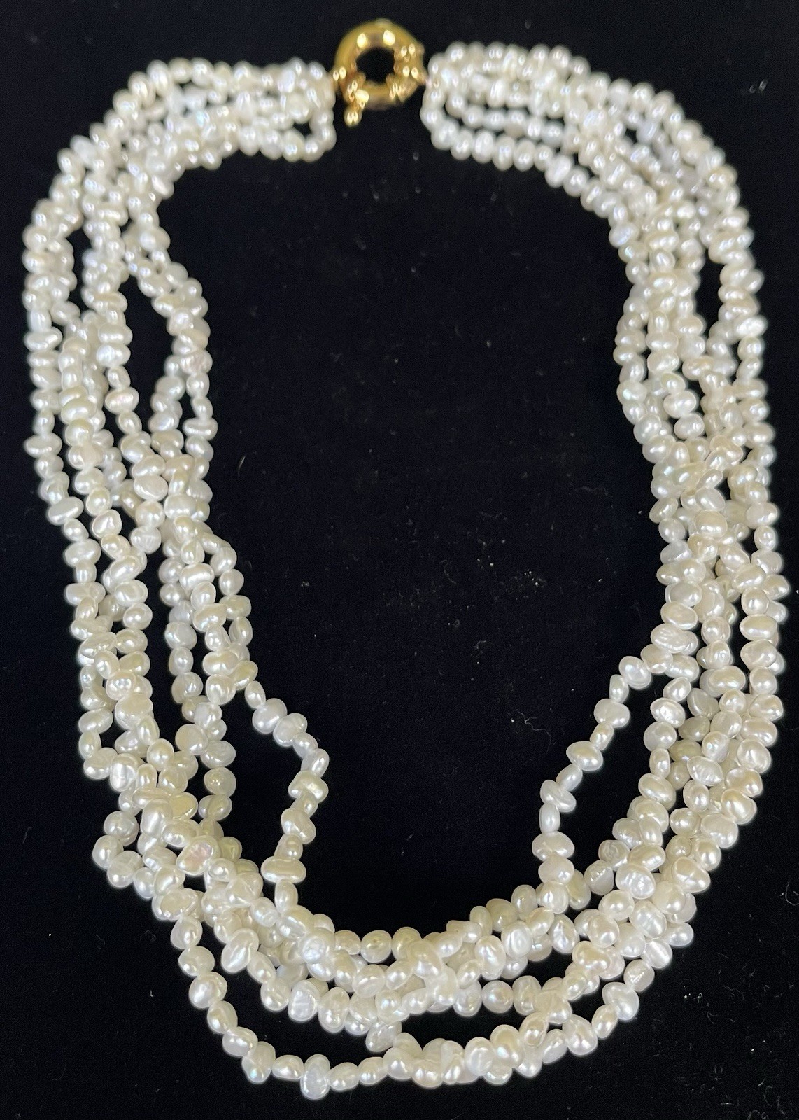 Multi-strand white baroque seed pearl bead necklace gold-tone spring ring clasp