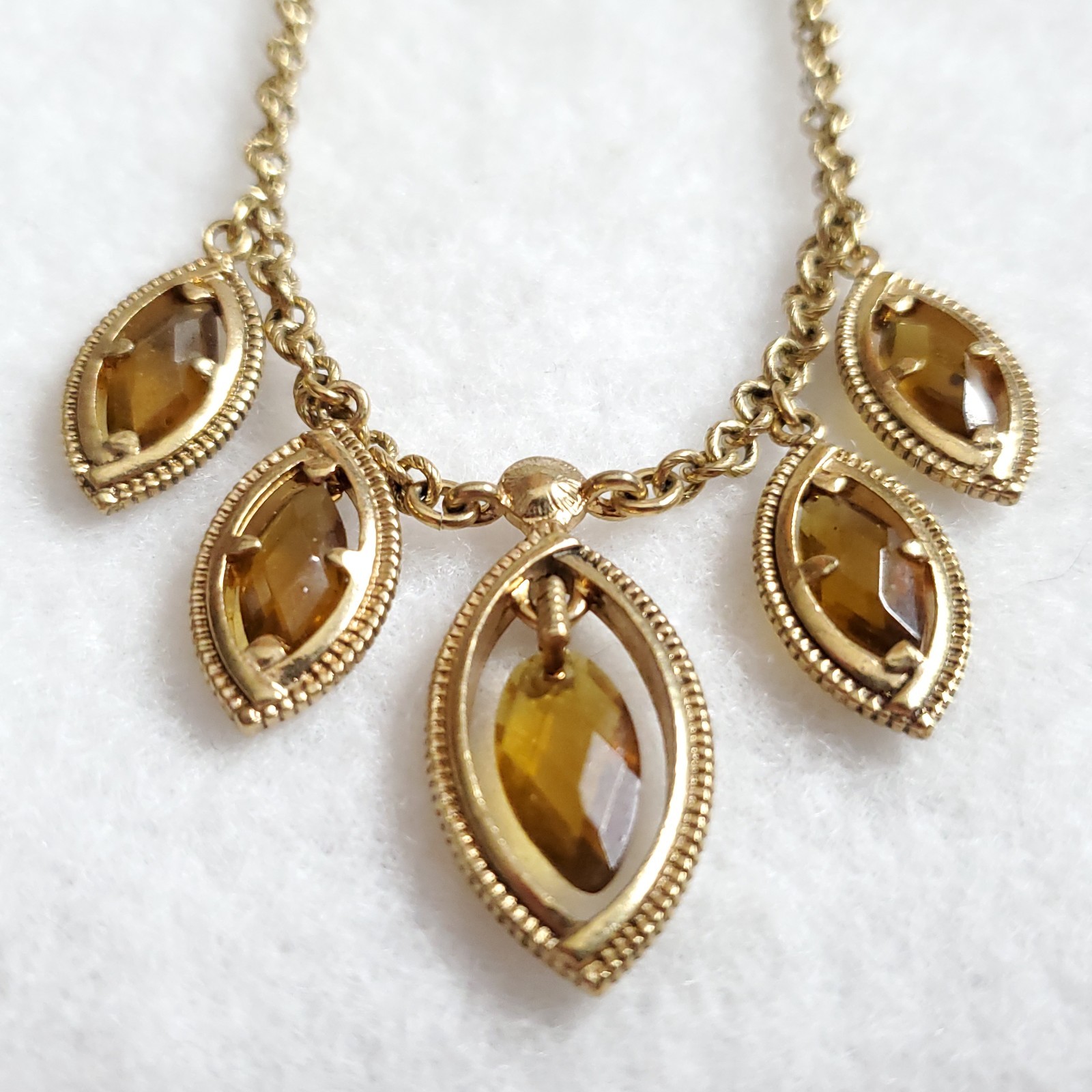 Monet Necklace Gold Tone Charm Dangles Faceted Yellow Glass 15-17.5″