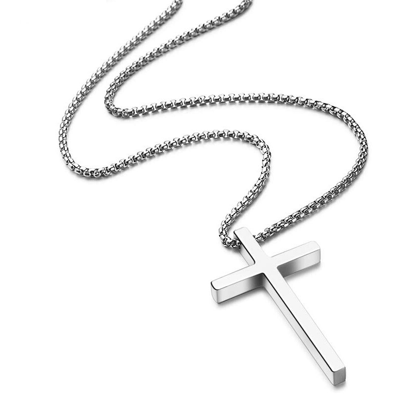 Men Women Cross Necklace Stainless Steel Silver Pendant Chain Father’s Day Gift