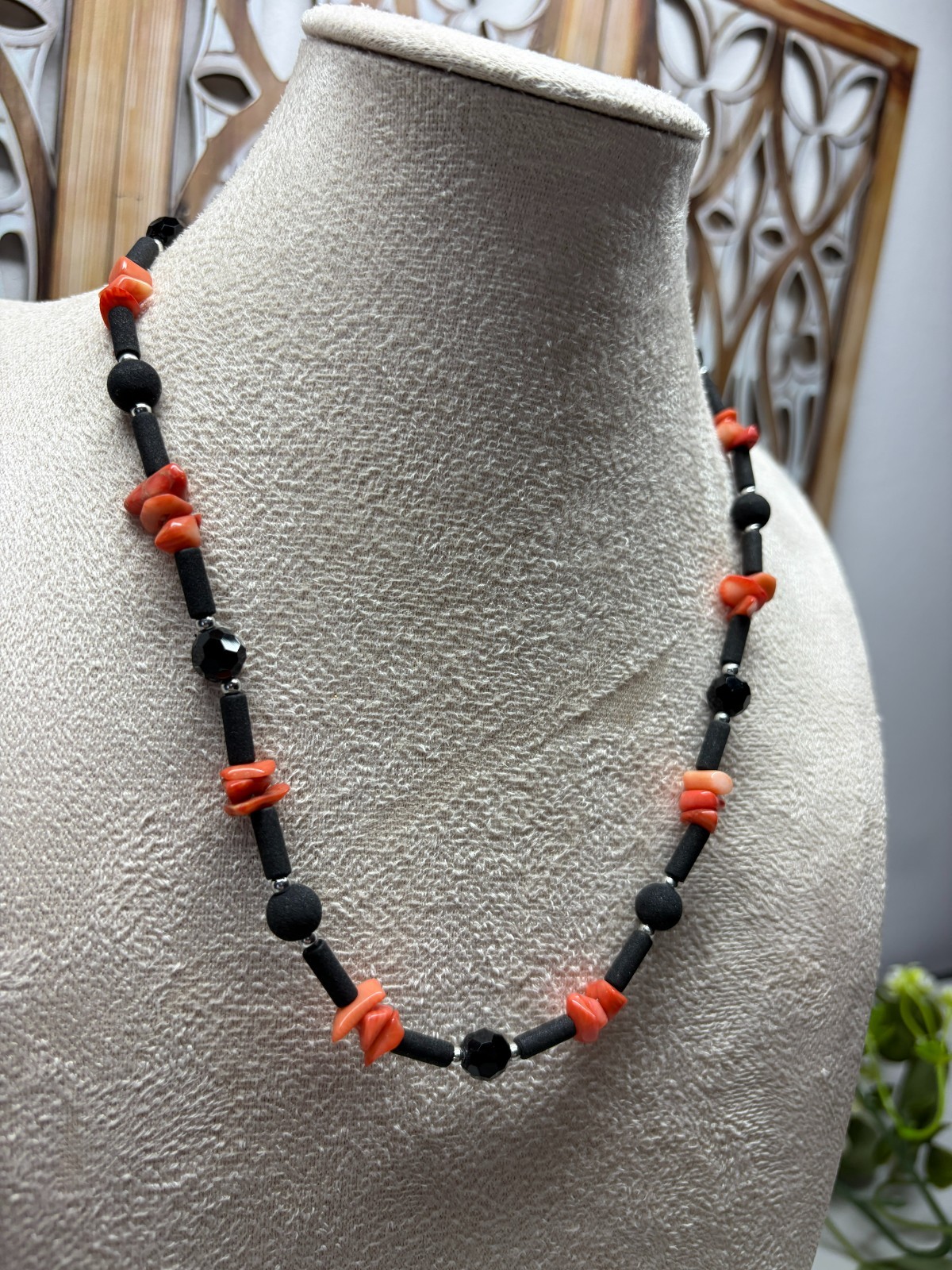 Vintage Coral, Lava Rock & Glass Beaded 18″ Necklace 16g Boho Retro Quirky