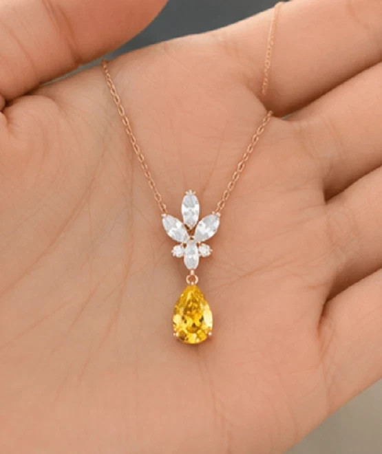 4ct Pear Cut Simulated Citrine/Diamond Pendant Necklace 14k Yellow Gold Plated