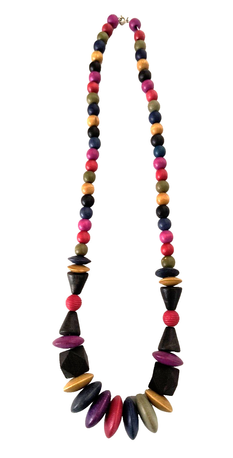 Women’s Statement Necklace Multicolor Wooden Beads Assorted Sizes 15 in drop