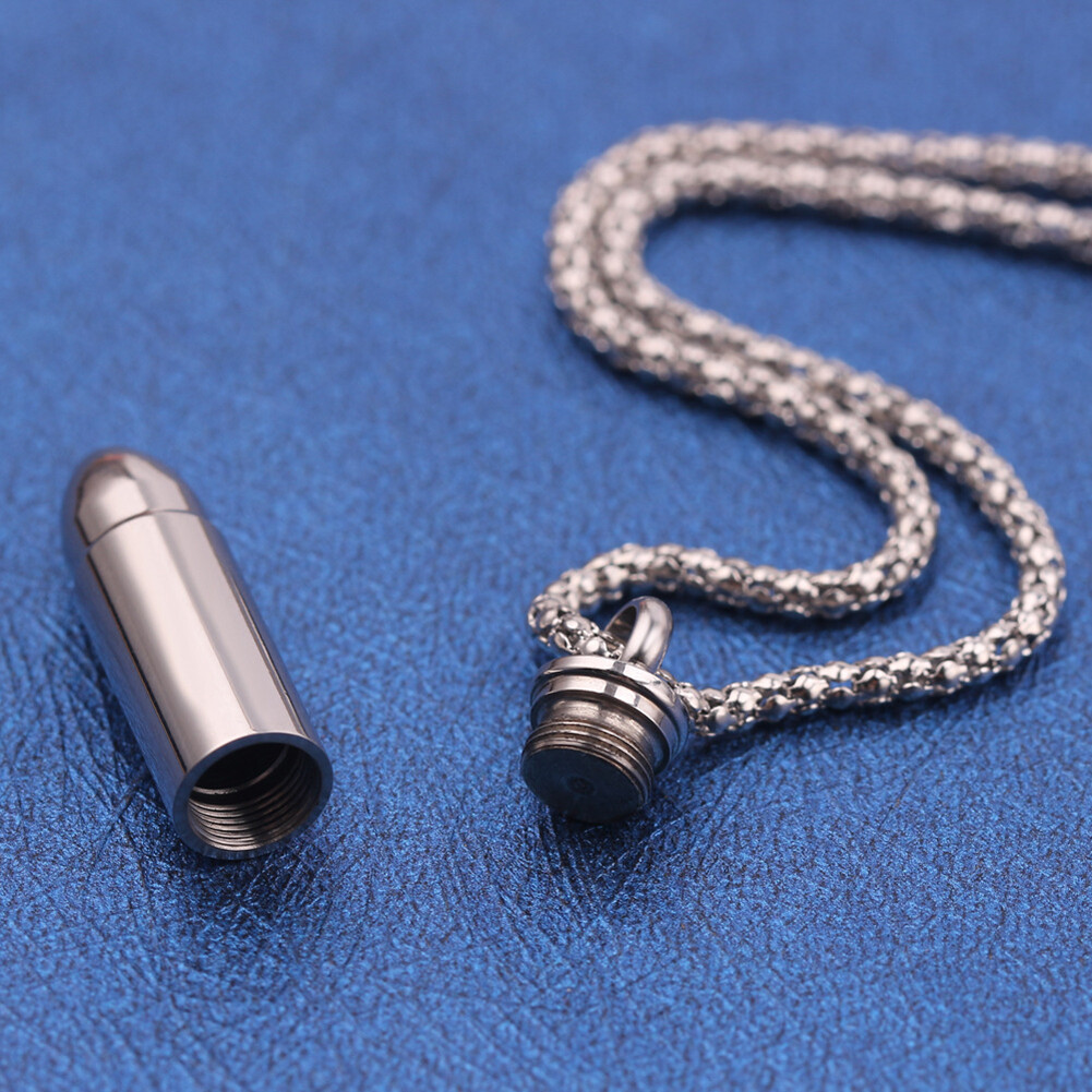 Mens Stainless Steel Necklace Open Bullet Pendant Pill Case Holder Male Jewelry