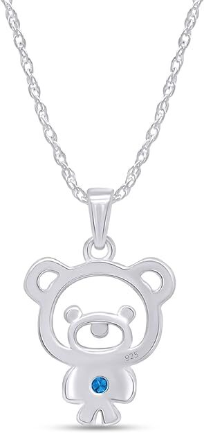 Teddy Bear Pendant 18″ Necklace 925 Sterling Silver Simulated Blue Topaz