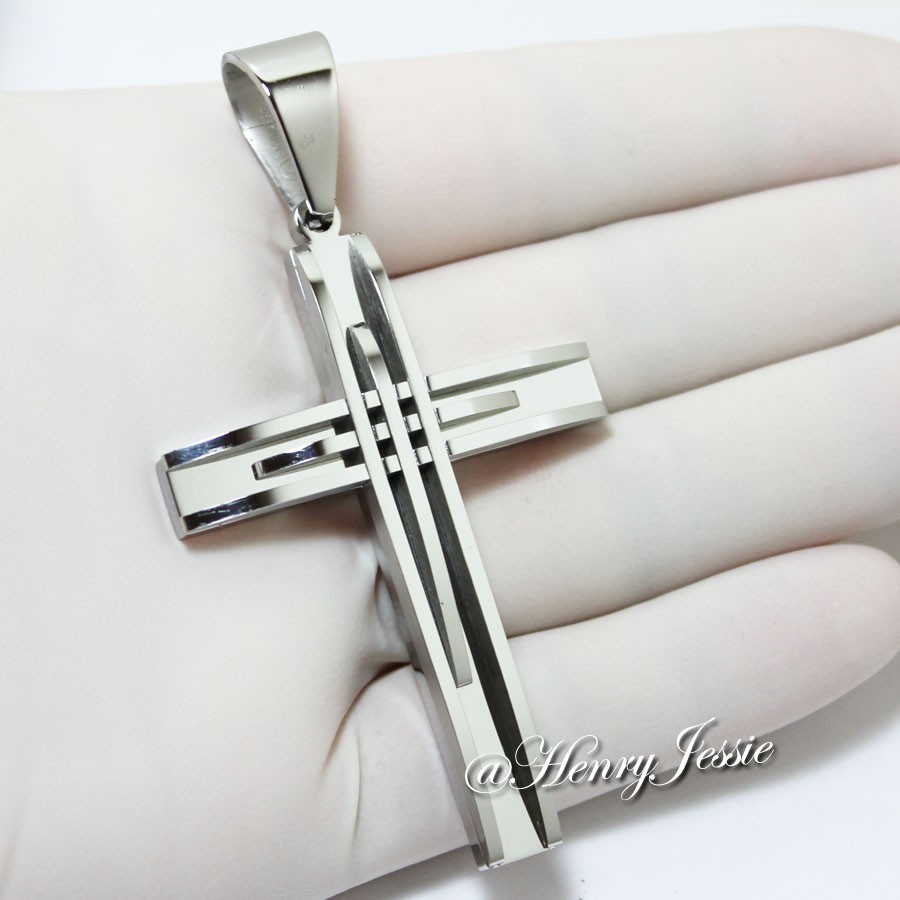 30″MEN’s Stainless Steel 5mm Silver Smooth Box Chain Necklace Cross Pendant*A