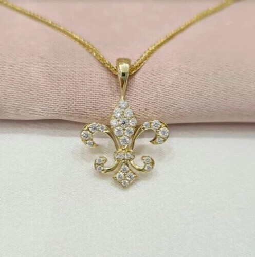 No Chain Round Cut Simulated Diamond Fleur De Lis Pendant 14k Yellow Gold Plated