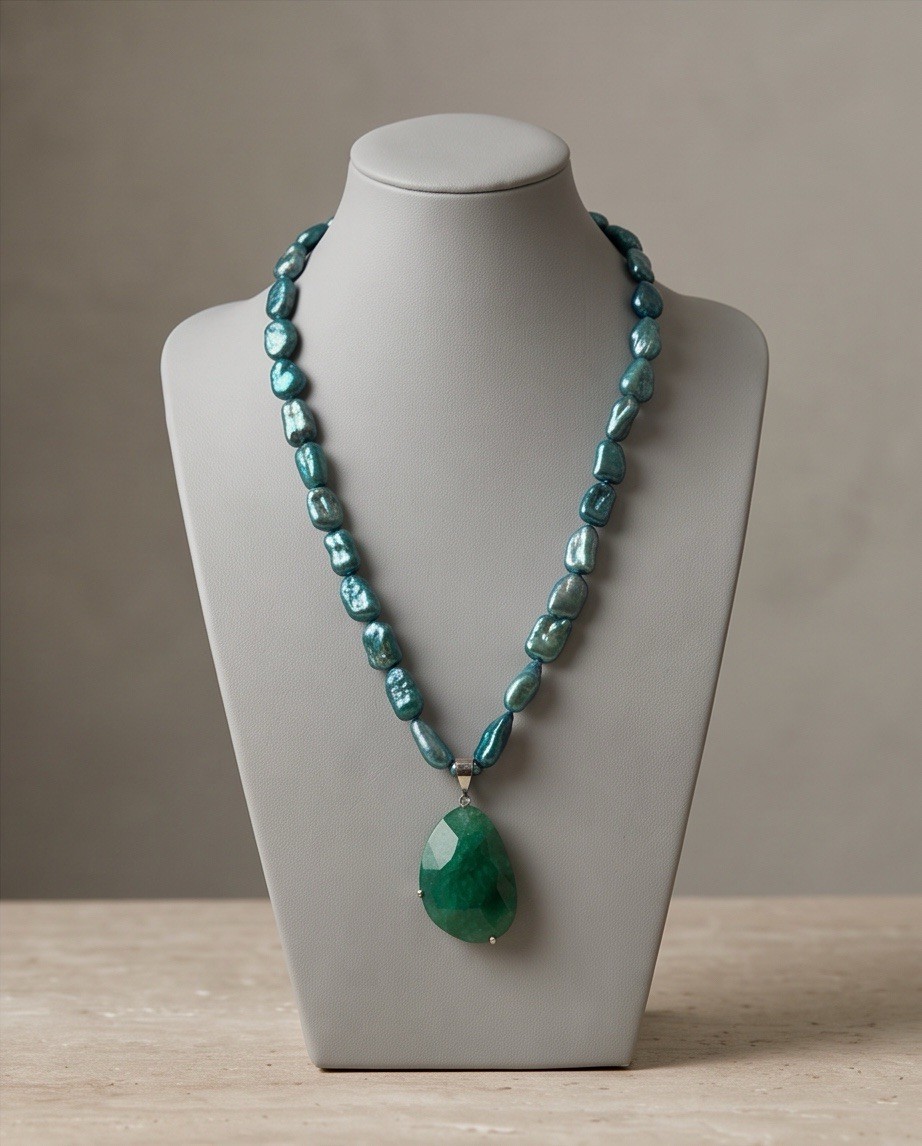 Teal Blue Baroque Pearl Necklace 54g Chunky Nugget w/ Green Stone Pendant St