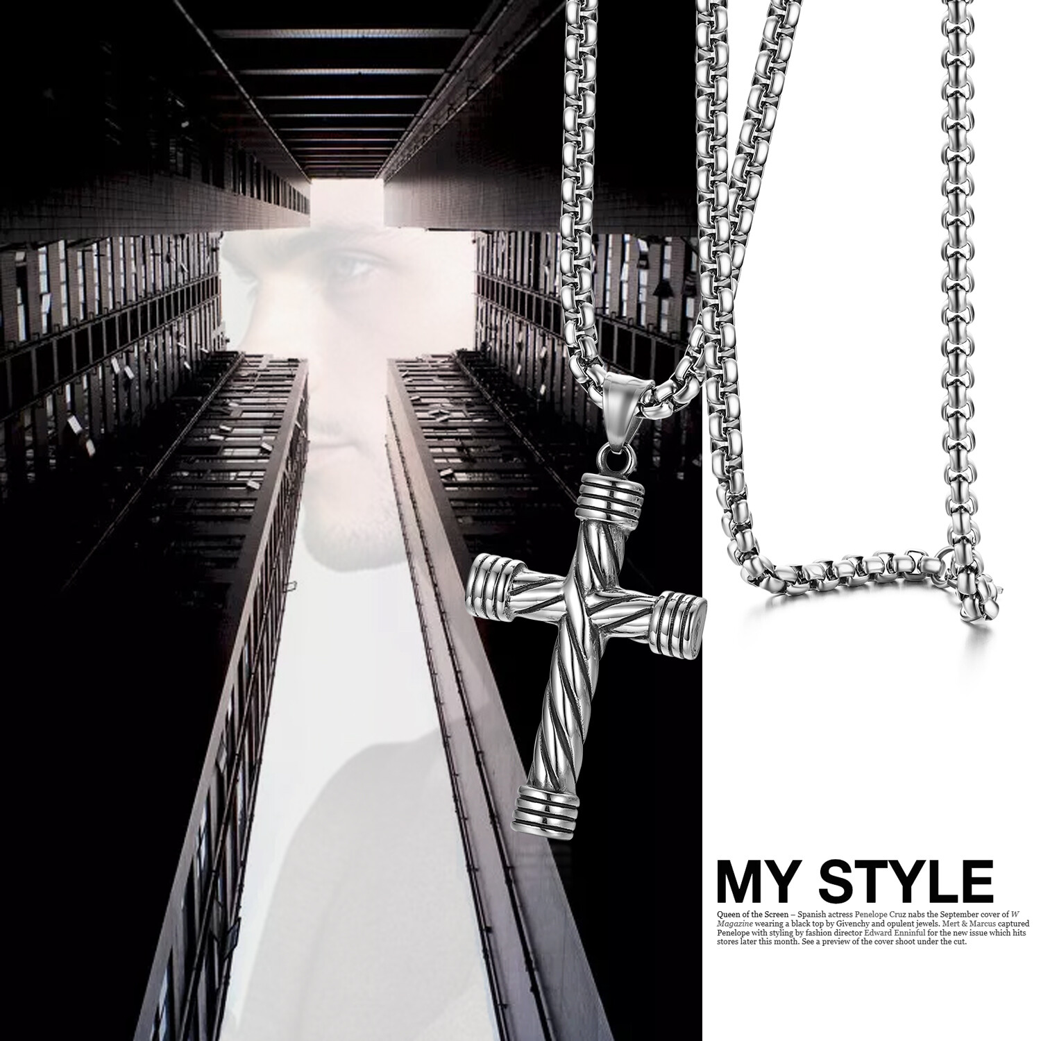 Men’s Silver Tone Necklace Vintage Religious Cross Stainless Steel Pendant Chain