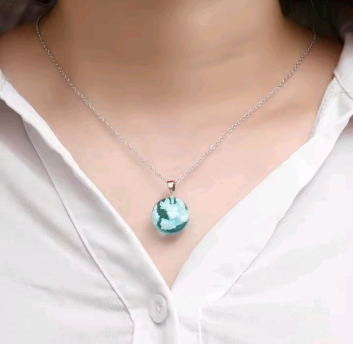 Blue Sky White Cloud Resin Ball Pendant Necklace Round Chain Gift for Women