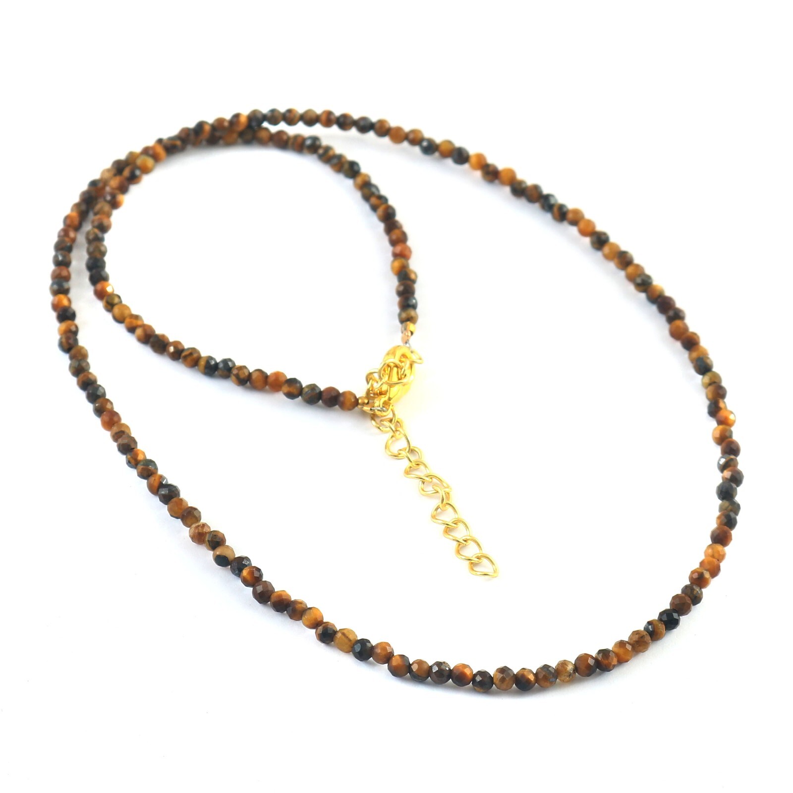 Natural Tiger’s Eye Beaded Necklace, 2-2.5mm Tiger’s Eye Faceted Round Necklace