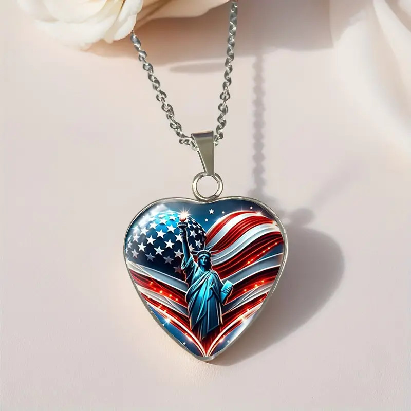 American Flag & Statue of Liberty Heart Shaped Pendant Necklace Jewelry