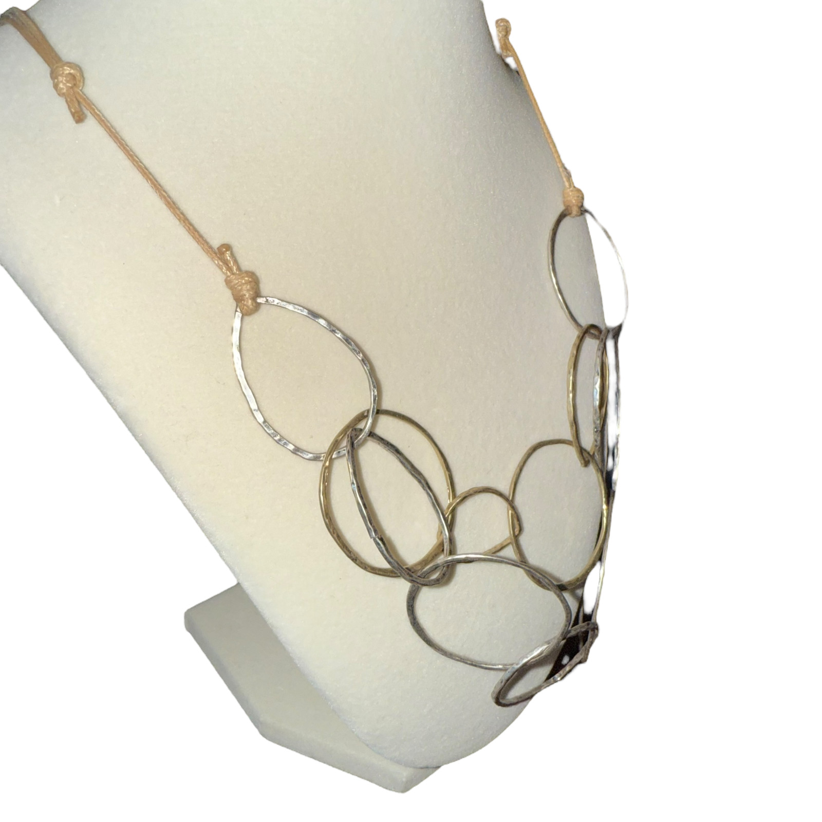J. Jill Hammered Rings Necklace Mixed Metal Adjustable Cord Boho Artisan Coastal
