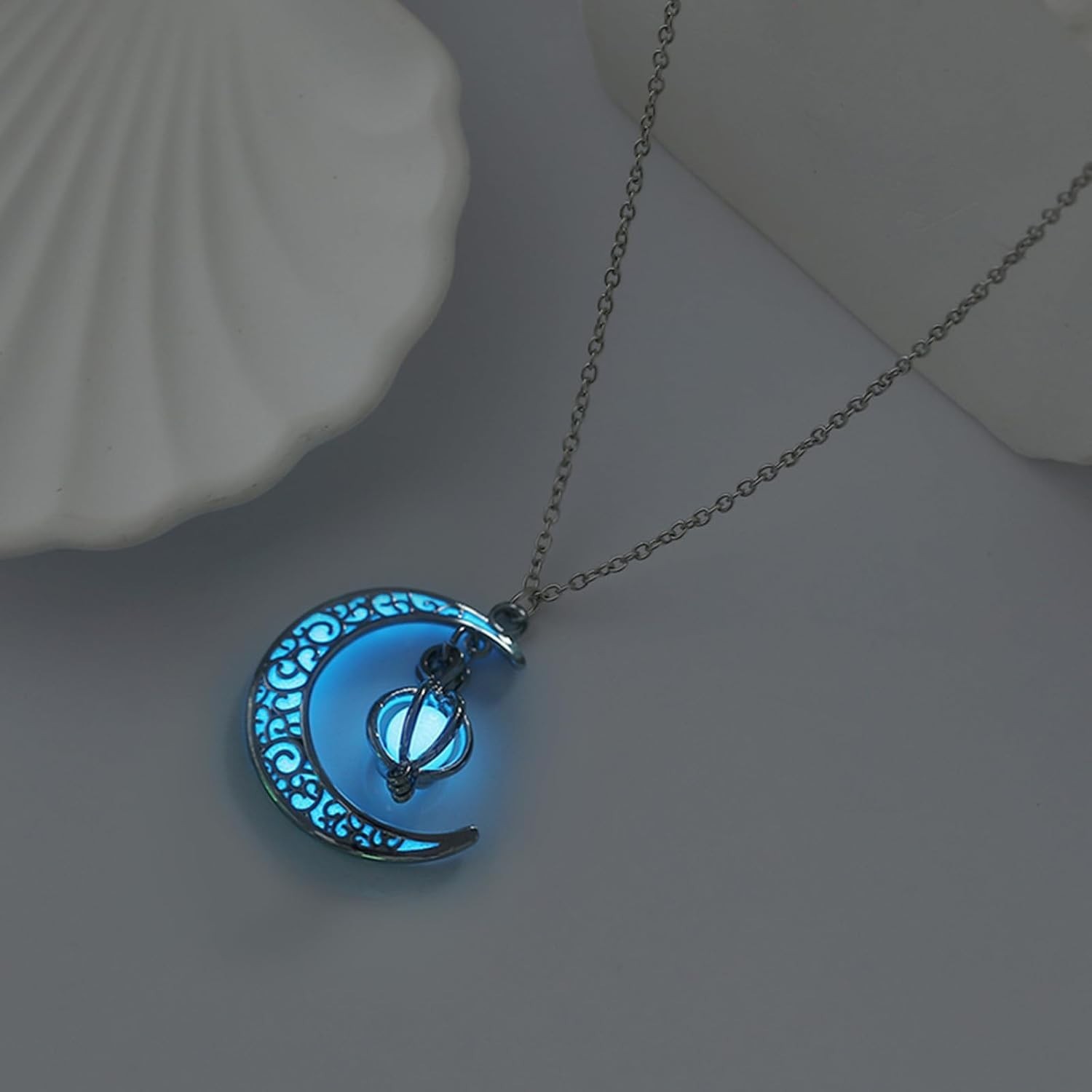 Enchanting Glow in the Dark Silver Crescent Moon & Orb Necklace – Sky Blue Charm