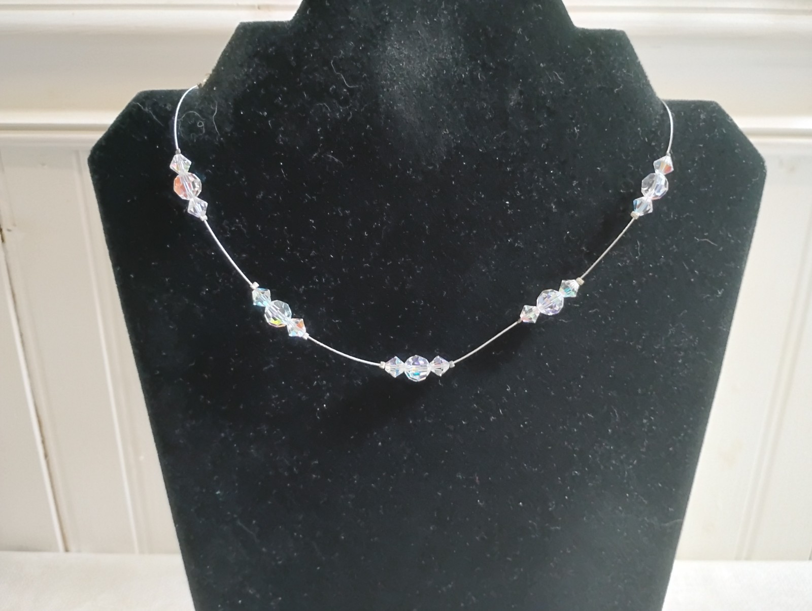Vintage ST Metal Nylon Cord Faceted AB Crystal Beads 18.5″ Necklace
