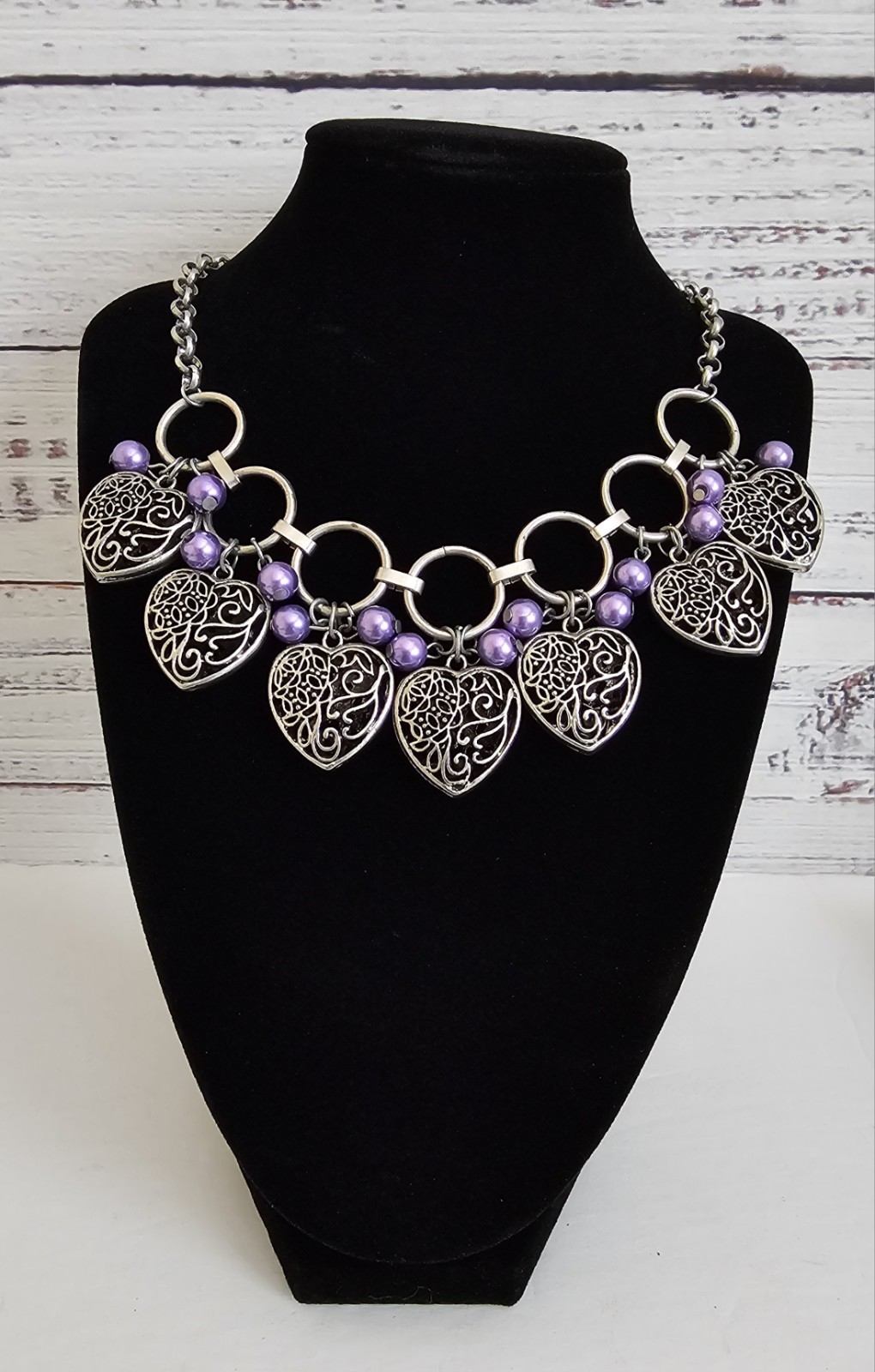 Silver Tone Heart Bib Necklace Lavender Faux Pearls 17″ 20″ Boho Statement