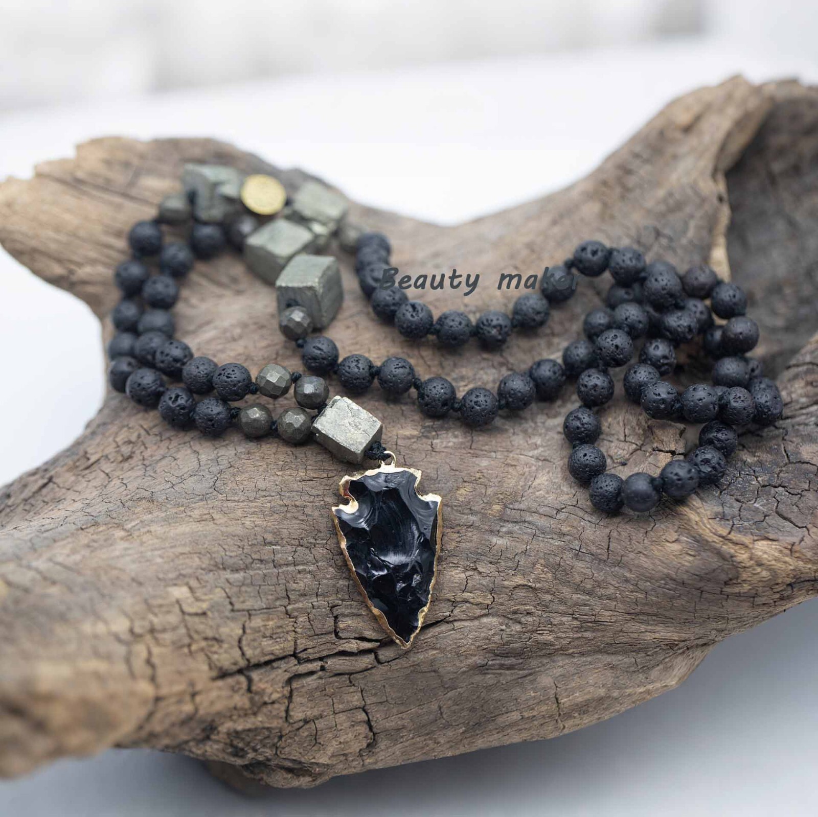 Black Obsidian Arrowhead Pendant lava Rock Pyrite Beads Meditation Necklace