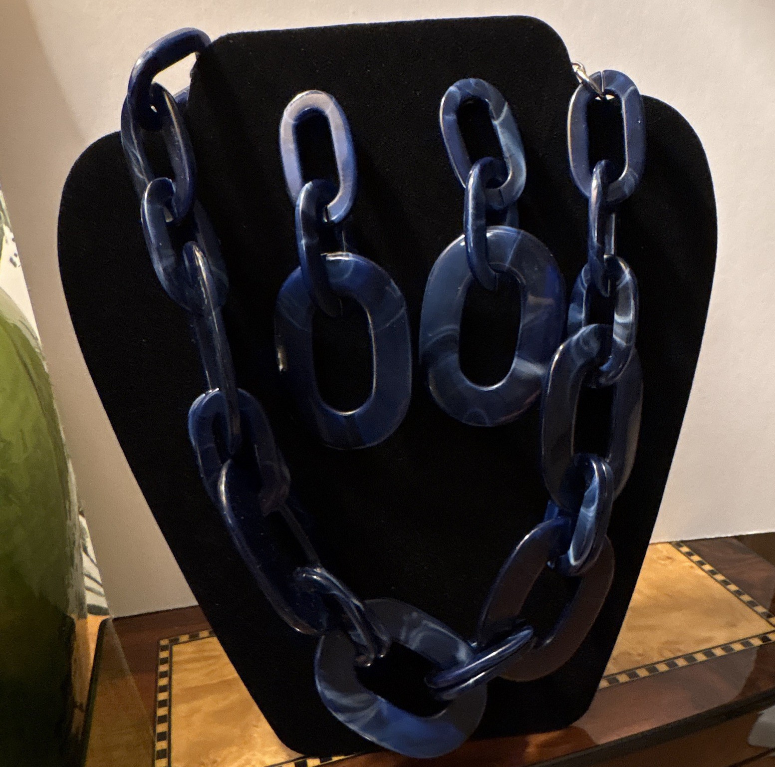 Blue Plastic Oval Link Statement Necklace and Earrings Adjustable