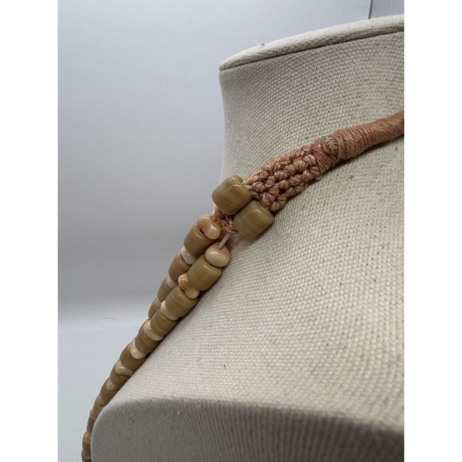 Multi Strand Chalcedony Agate Bead Necklace Boho Statement Artisan Tan