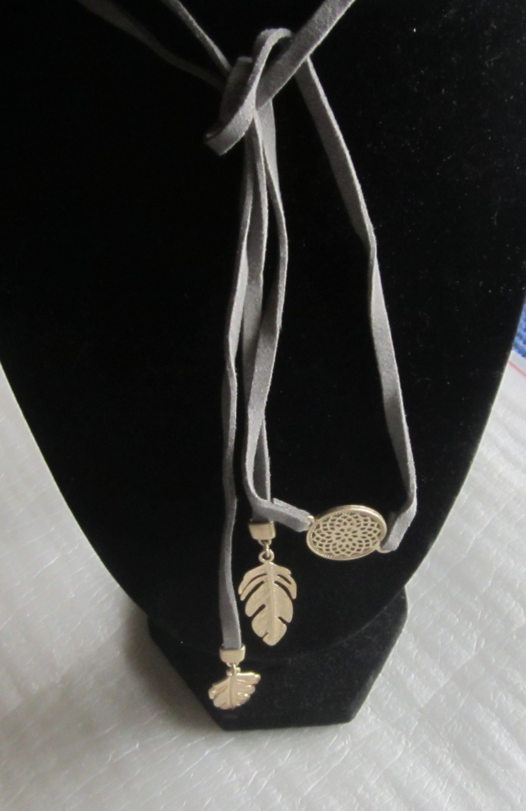 Gray Leather with Gold Leaves & Disk #necklace #jewelry #fashion