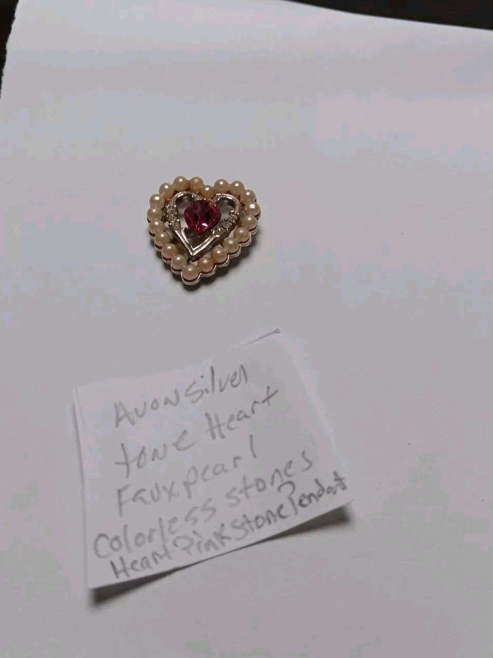 Avon Silver Tone Marked Heart Shaped Pink,colorless Stoned Faux Pearl Pendant