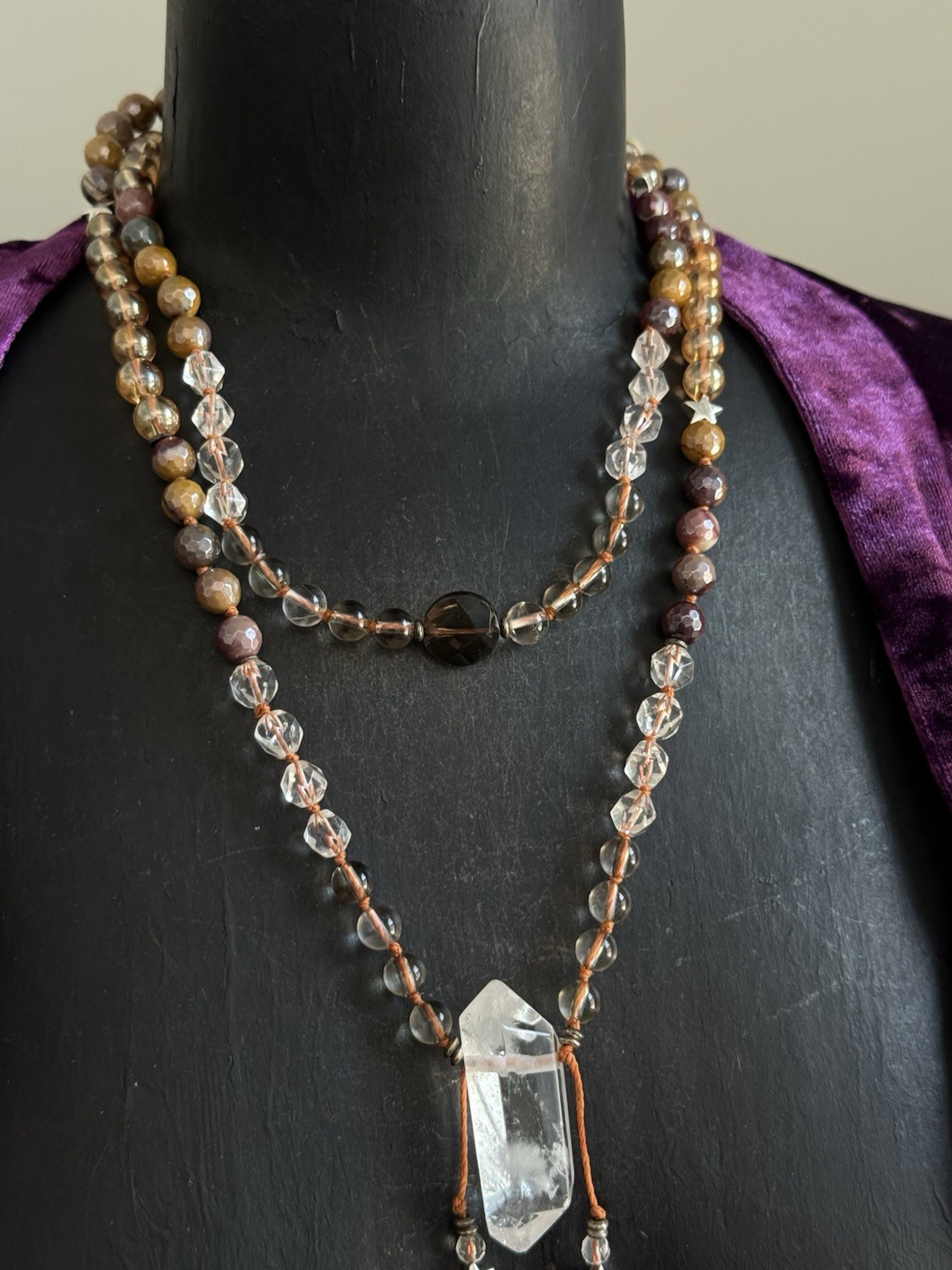 Clear quartz mookaite Jasper citrine Smokey quartz beaded mala necklace pendant