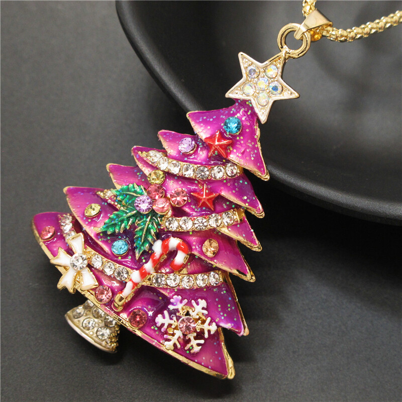 Fashion Women Cute Rose Enamel Christmas Tree Crystal Pendant Chain Necklace