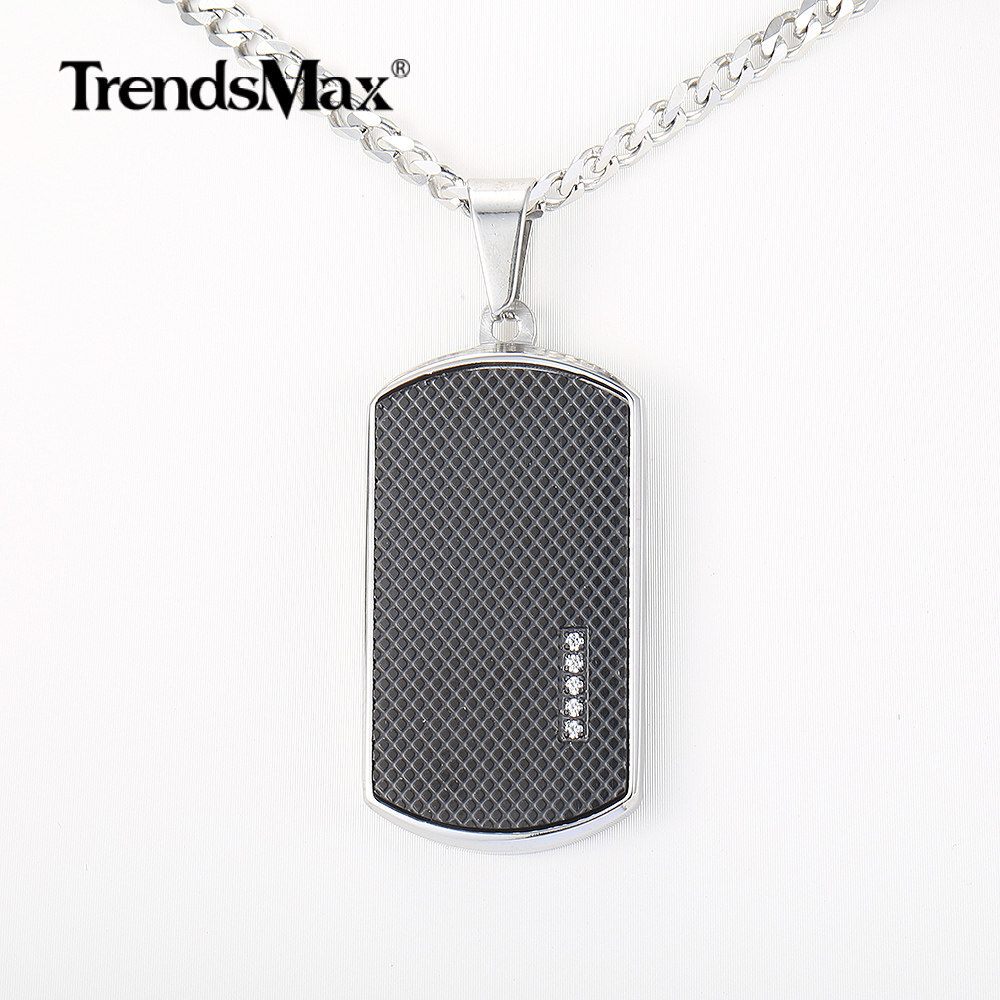 Men’s Stainless Steel Black Dog Tag Pendant Necklace with Bling CZ Bead Jewelry