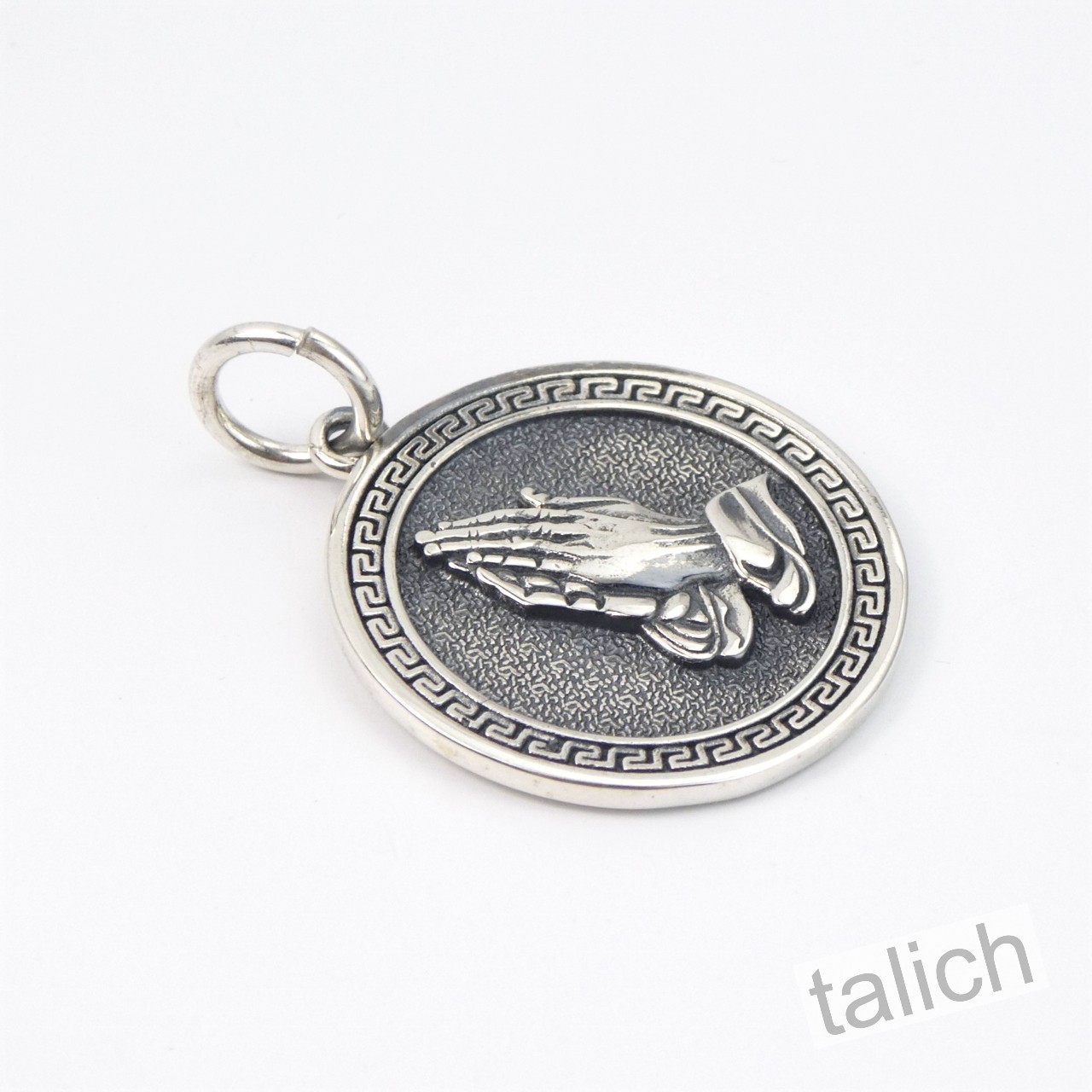 Shiny 925 Sterling Silver Praying Hands 27mm Round Amulet Pendant Faith Gift