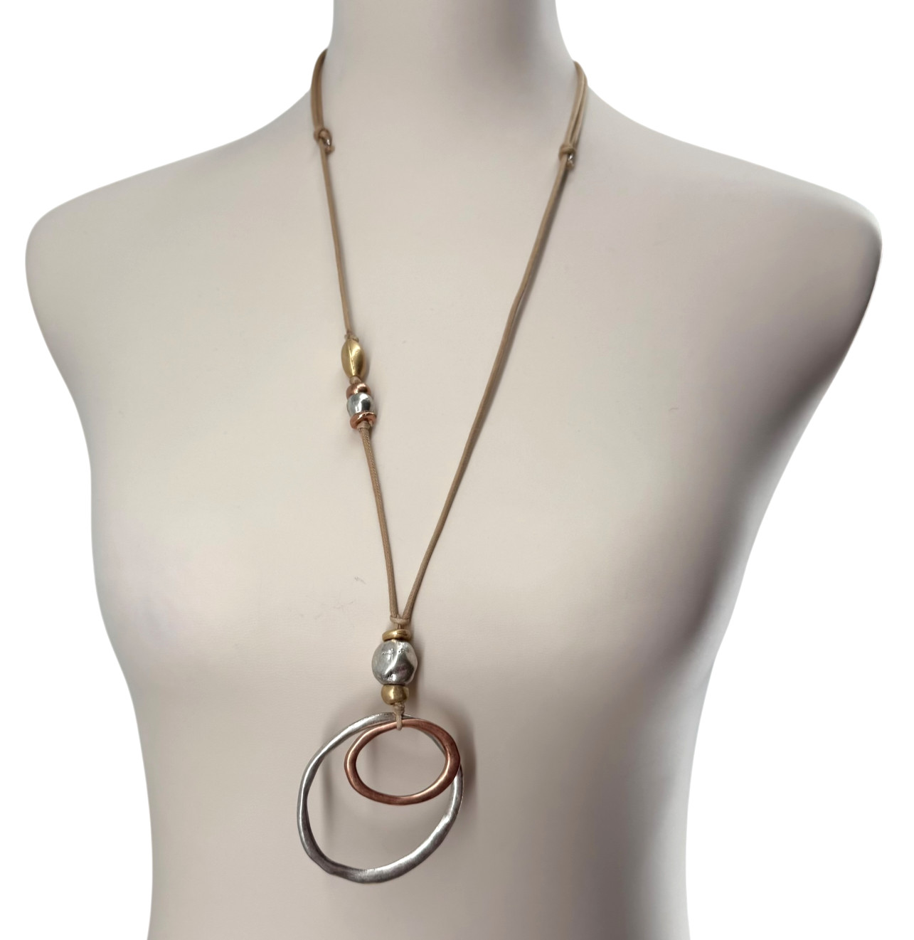 J Jill Mixed Metal Necklace Adjustable Cord Double Circle Pendant Boho Artisan