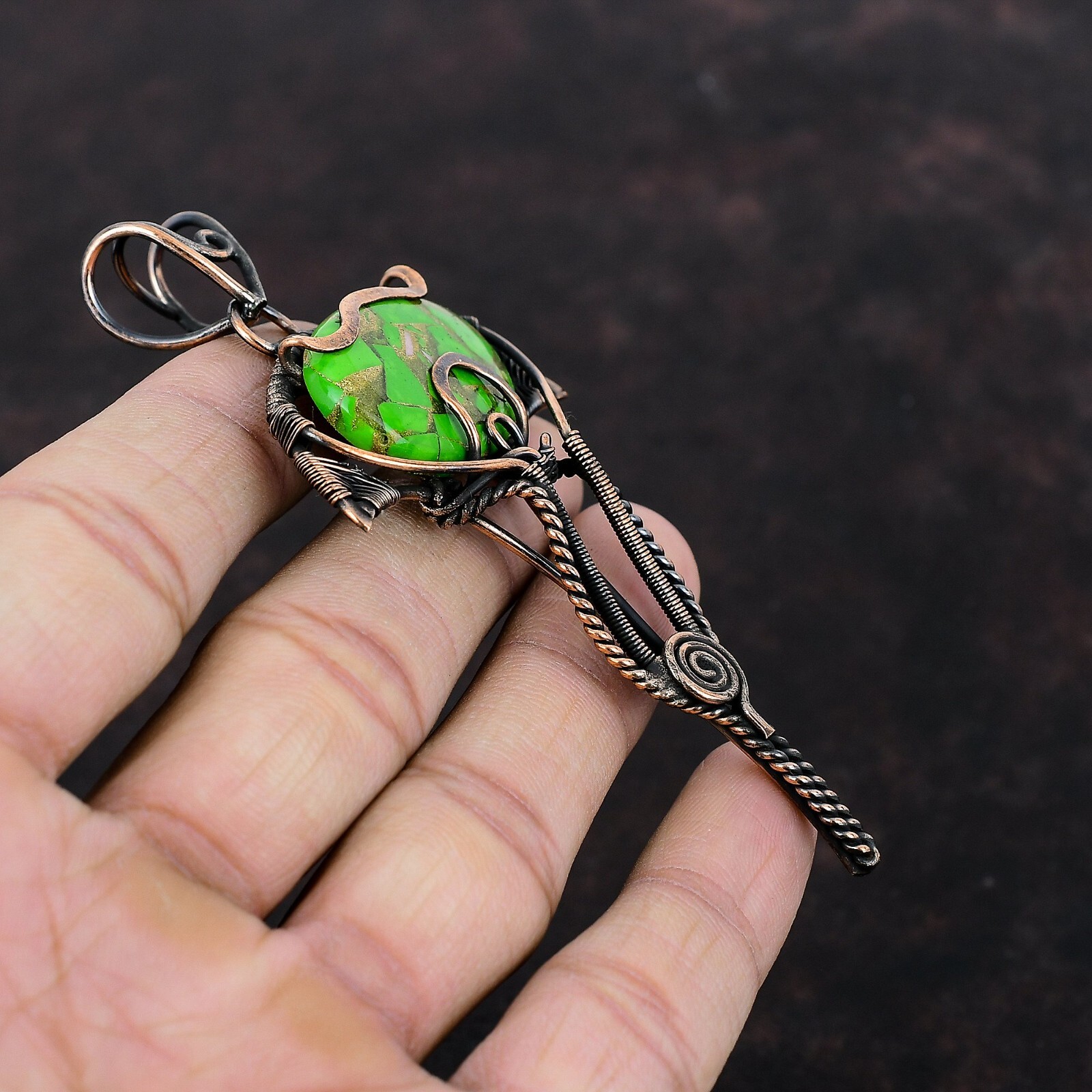 Women’s Day Sale Green Turquoise Copper Mother Gift Wire Wrapped Pendant 3.86″