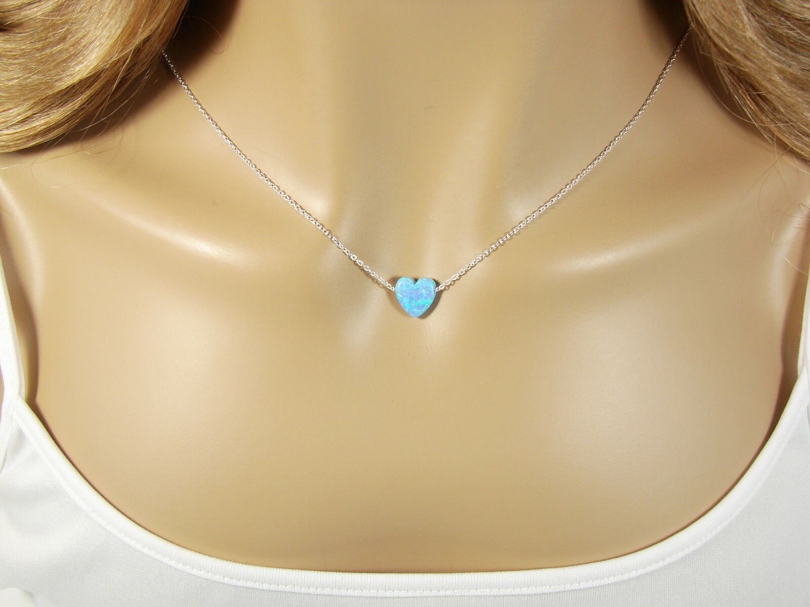 Heart Necklace Pendant Lab Created Opal 925 Sterling Silver Chain