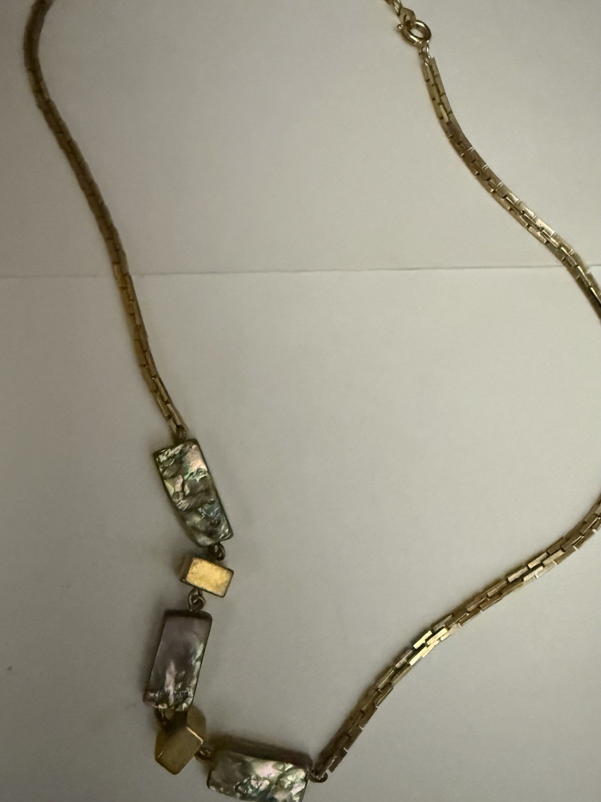 Vintage Gold Tone Box Chain Necklace Abalone Shell Square Charms by Les Bernard
