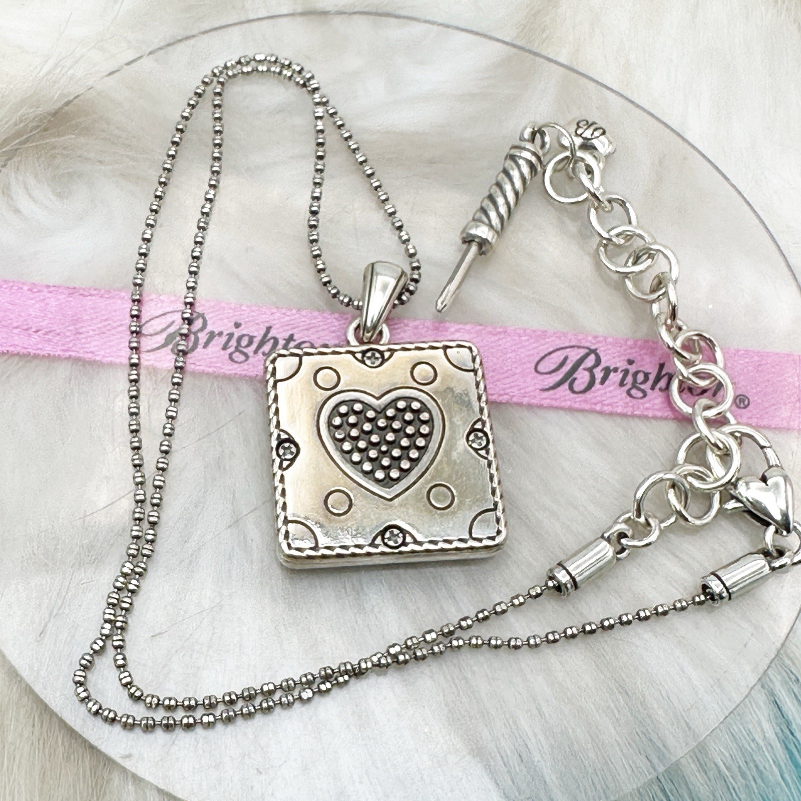 Brighton Momento Crystal Square Photo Locket Pendant Silver Plate Necklace