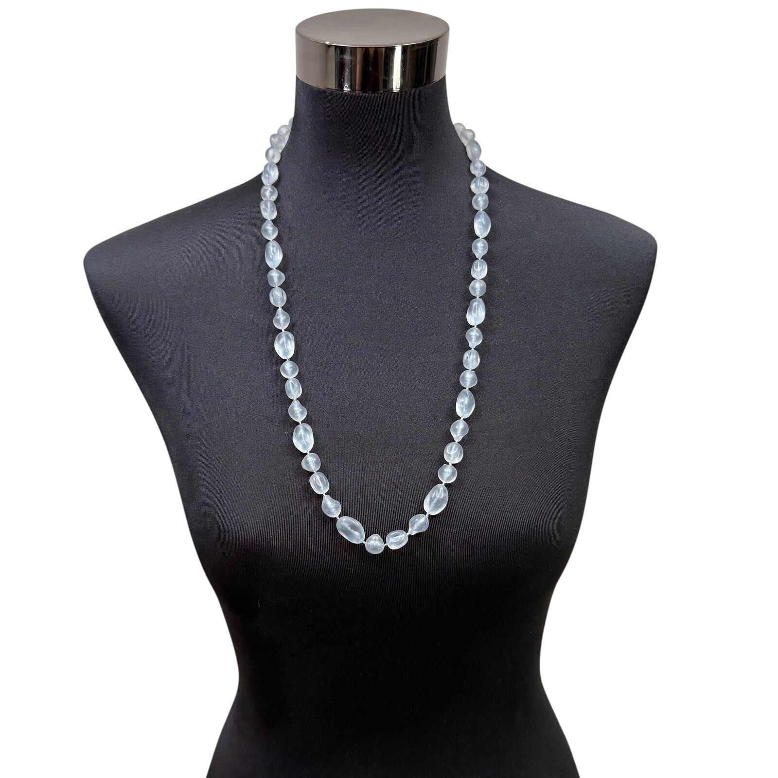 Blue Frosted Acrylic Beaded Statement Necklace Long Strand Fashion Jewelry 15 in