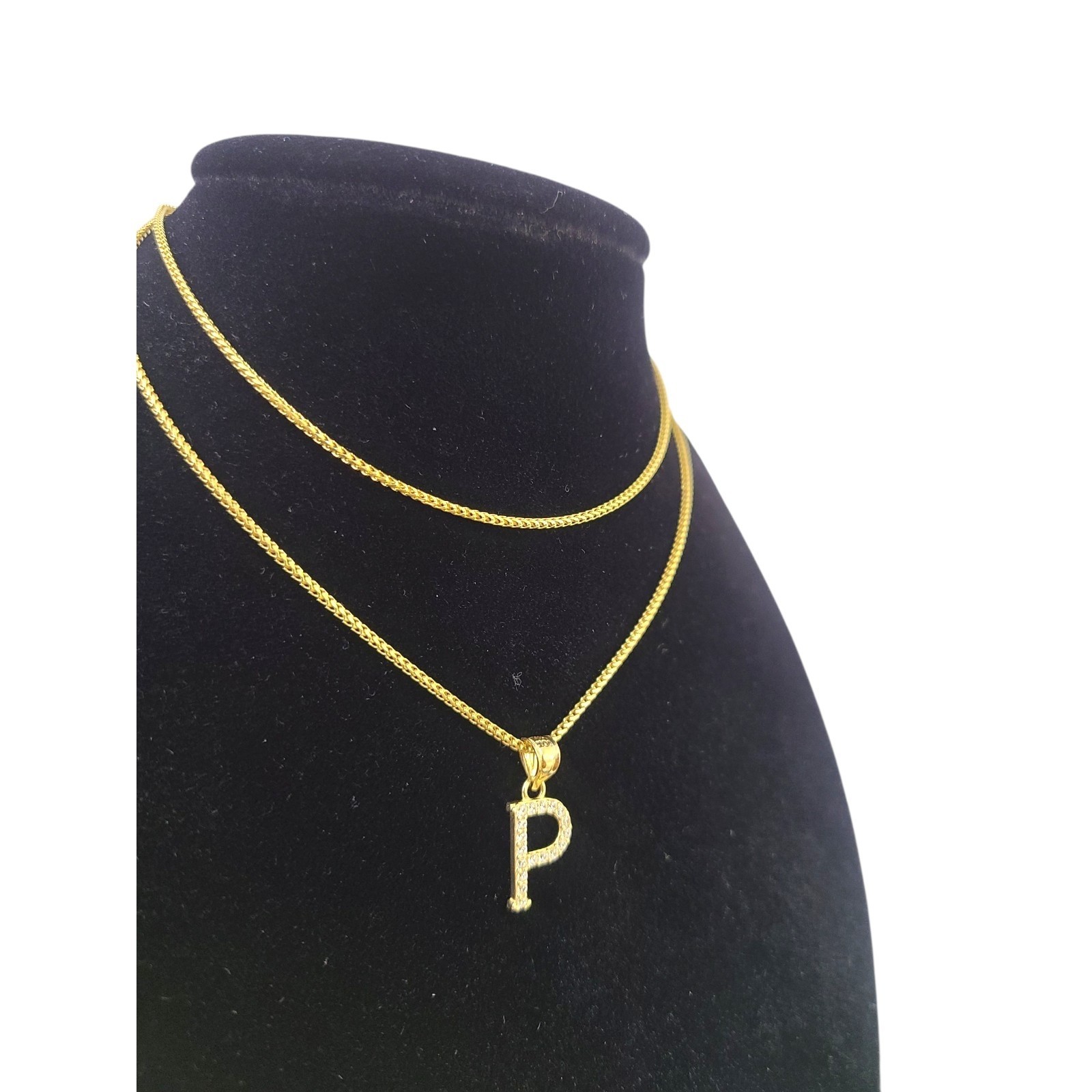 10K Gold Solid Franco Chain P Initial CZ Stone Pendant Set 1mm 16 18 20 22 Women