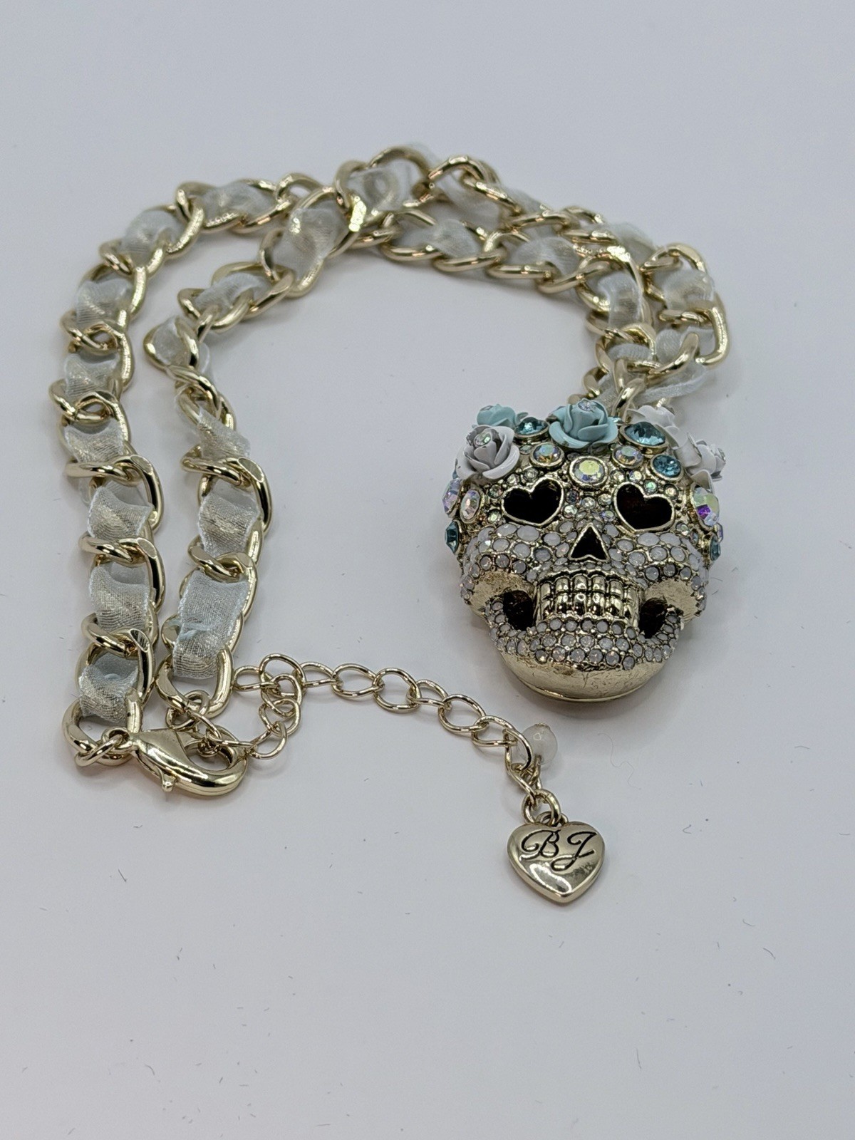 Betsey Johnson Sugar Skull Necklace Dia de Muertos Gold tone 17-20”