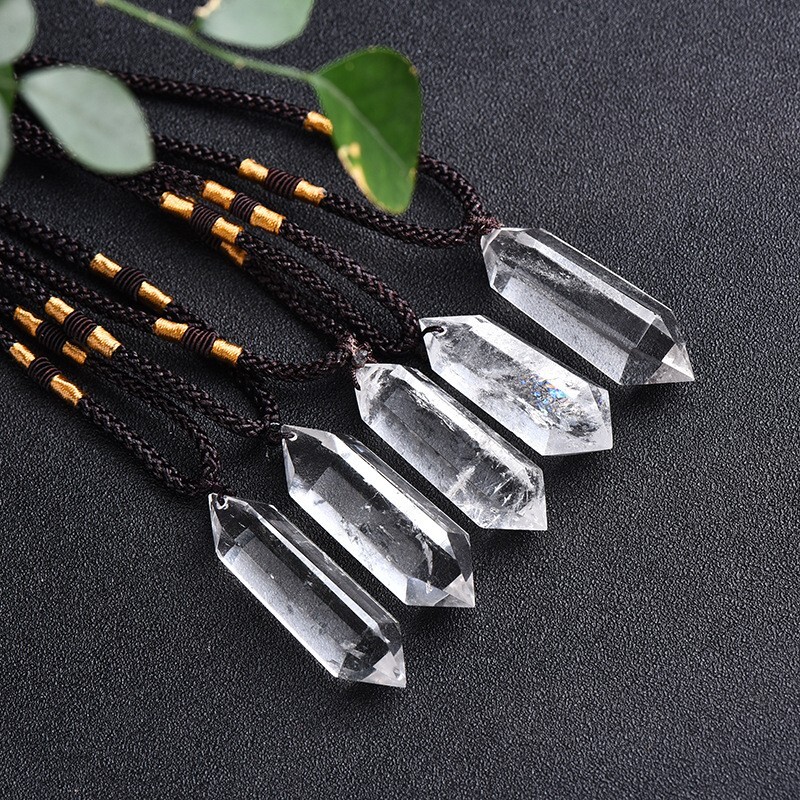 White Colorless Quartz Crystal Hexagonal Point Pendant Healing Amulet Necklace