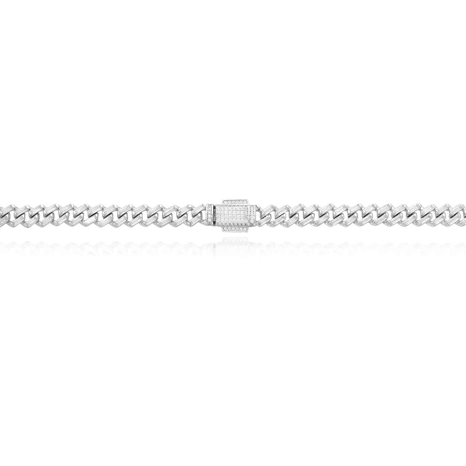 18K White Gold Over Silver 7mm Miami Cuban Baguette Simulated Diamond Necklace