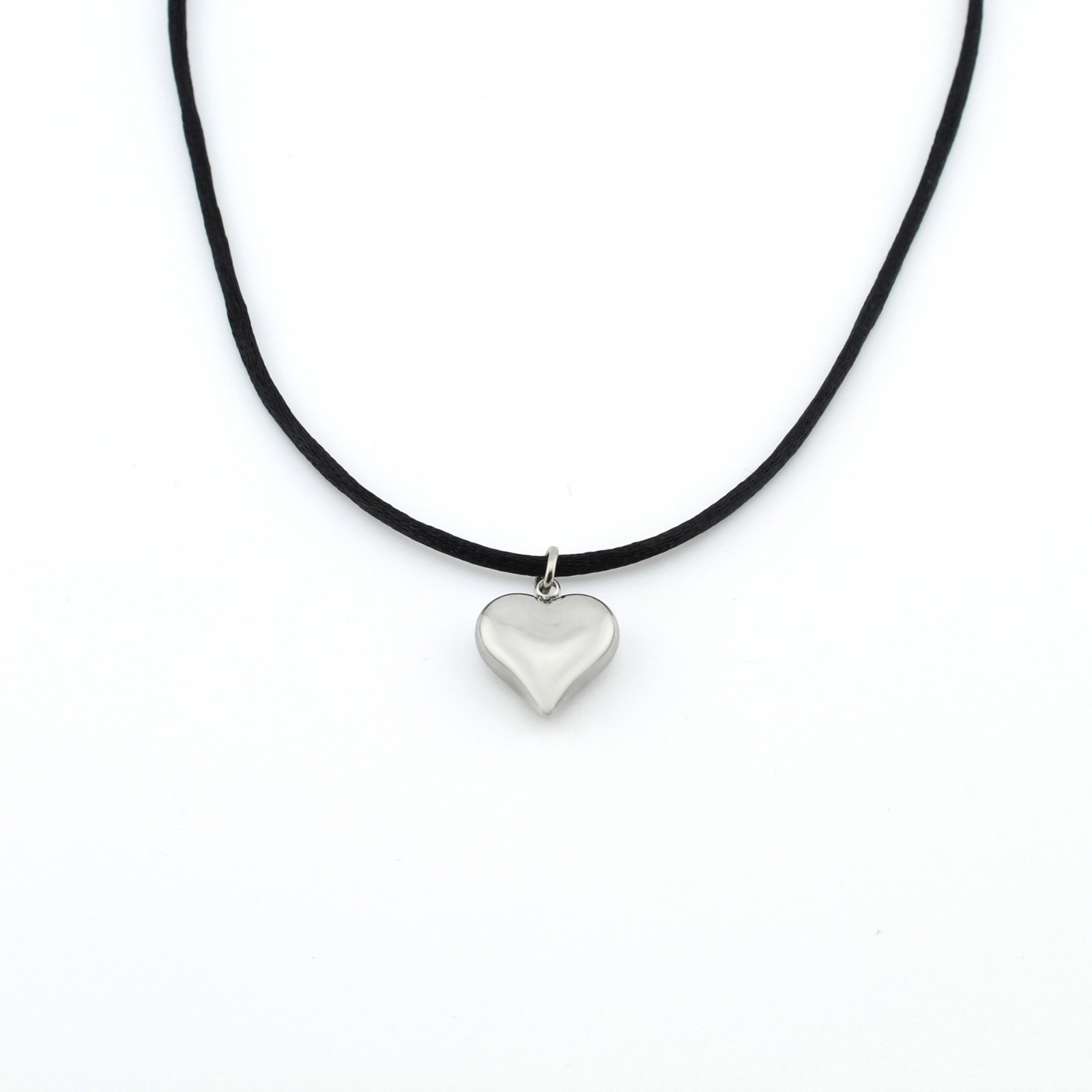 Stainless Steel Puffy Heart Pendant Necklace Satin Silk Cord 16-30″ Women Girls